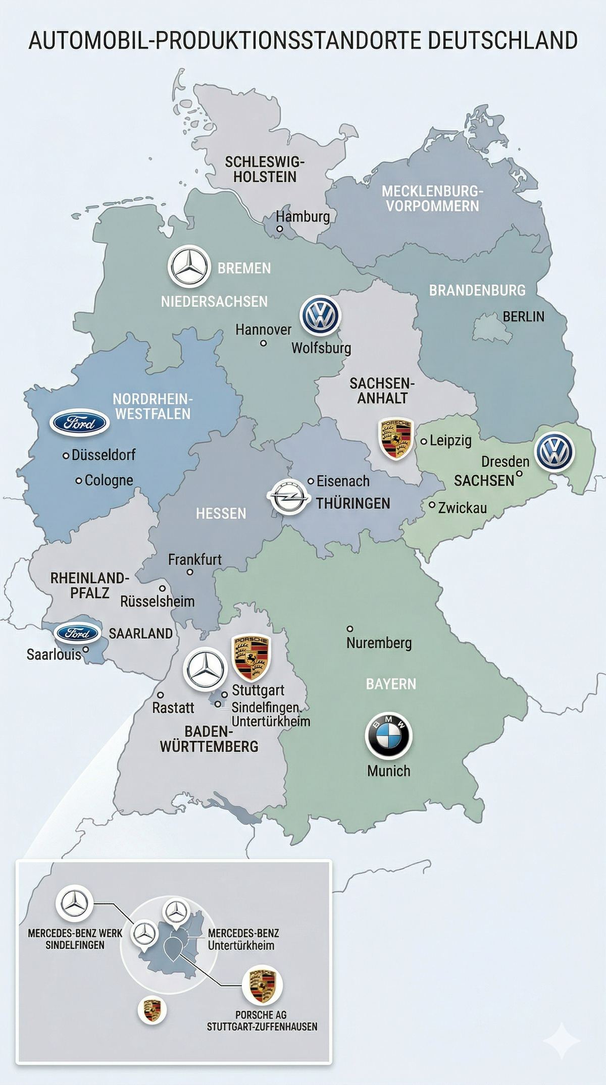 Automobil-Produktionsstandorte Deutschland — Karte mit allen Bundesländern und Herstellern: VW in Wolfsburg, BMW in München, Mercedes-Benz in Stuttgart/Sindelfingen, Porsche in Stuttgart-Zuffenhausen, Ford in Köln/Saarlouis, Opel in Eisenach/Rüsselsheim