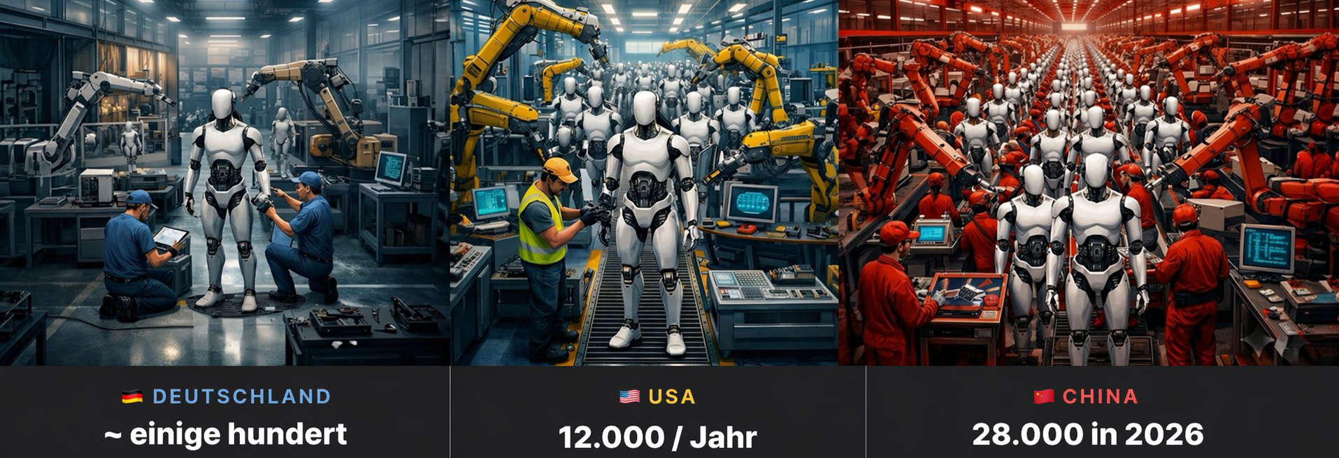 Humanoide Roboter, Triptychon: Deutschland ~einige hundert, USA 12.000/Jahr, China 28.000 in 2026